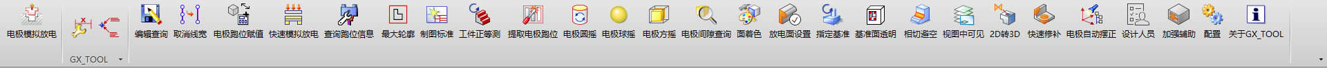 GX工具箱 NX 工具条，包含电极模拟放电、电极圆摇、电极间隙查询、电极自动摆正等命令